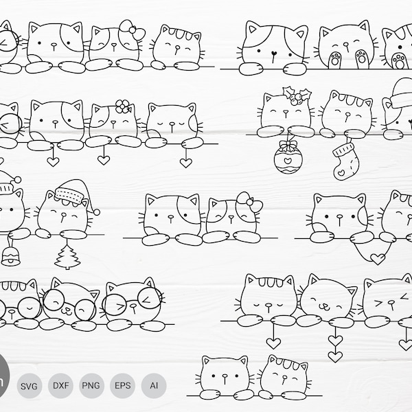 Katzen Cartoon Bundle SVG Weihnachten, Valentinstag, For Cut Datei, Tier handgezeichnet, Tier Cartoon, süße Katze, Doodle, für cricut Silhouette, Cameo