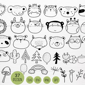 Woodland Animals Bundle SVG For Cut File, Coloring Forest Head Animal Outline