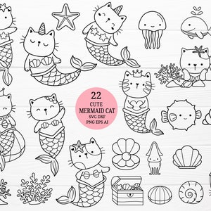 Mermaid Cat  Bundle SVG Cut File,Outline  Line Art PNG Clipart, Digital Stamp, Mermaid drawn,svg,dxf for cricut Silhouette,Cameo
