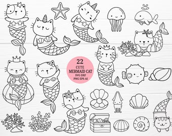 Meerjungfrau Katze Bundle SVG geschnitten Datei, Outline Line Art PNG Clipart, digitaler Stempel, Meerjungfrau gezeichnet,svg,dxf für Cricut Silhouette,Cameo