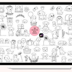 100 cute dog Stamp brush cartoon animal  For Procreate Stamps, Abstract Doodle,hand drawn, flower,leave, valentine day,wedding
