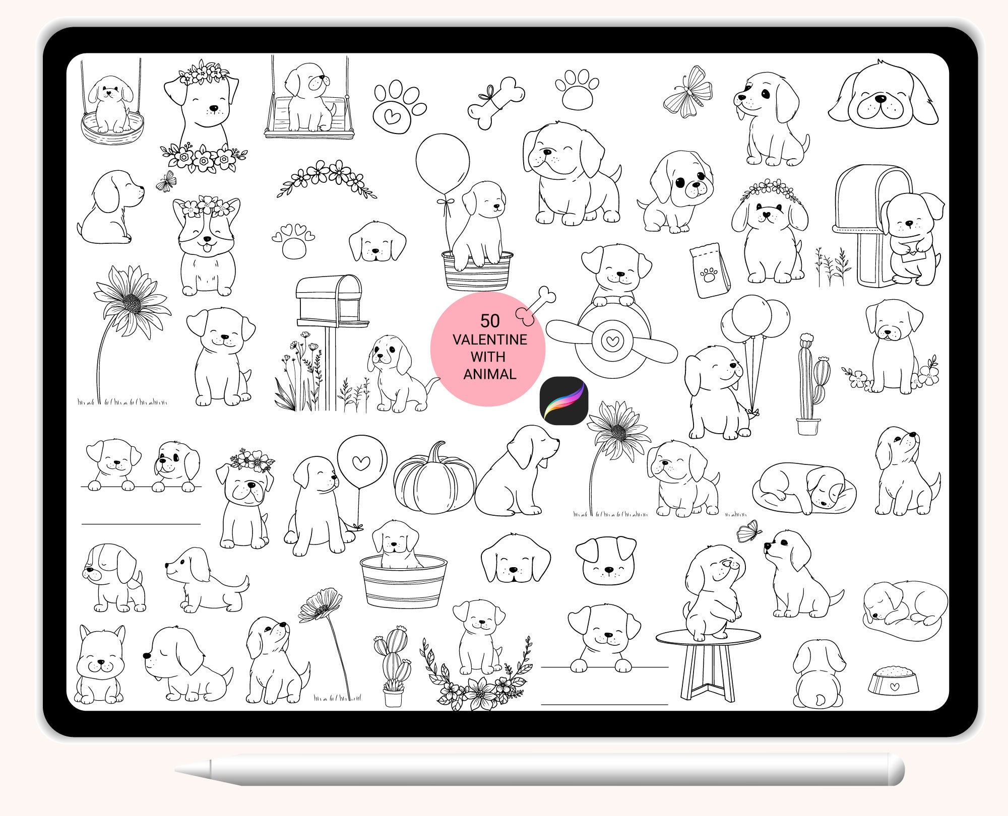 100 Cute Dog Stamp Brush Cartoon Animal for Procreate Stamps, Abstract ...