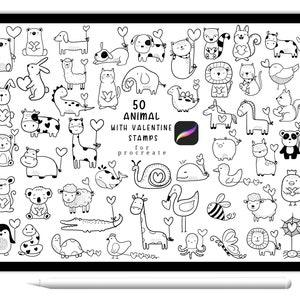 50 Animals with valentine, Procreate Stamps, Abstract Doodle,hand drawn, Procreate ,Love stamp brush,cute animals cartoon