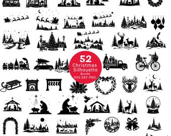 52 Christmas Silhouette Bundle, nativity scene sag, winter Village, Santa Sleigh, Reindeer, Christmas SVG DXF PNG Cut Files, for cricut