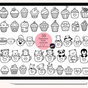 50 Animals With Cupcake,Bundle Valentine Procreate Stamps, Abstract Doodle,hand drawn, Procreate ,Love stamp brush,cute animals cartoon image 1