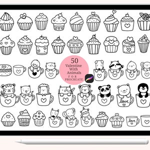 50 Animals With Cupcake,Bundle Valentine Procreate Stamps, Abstract Doodle,hand drawn, Procreate ,Love stamp brush,cute animals cartoon