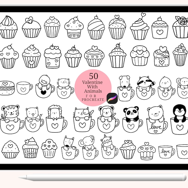 50 Animals With Cupcake,Bundle Valentine Procreate Stamps, Abstract Doodle,hand drawn, Procreate ,Love stamp brush,cute animals cartoon