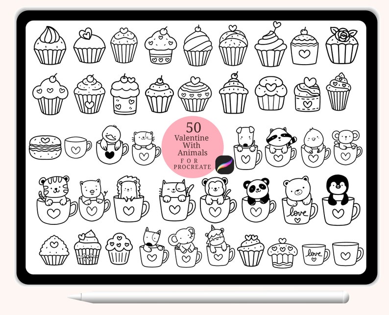 50 Animals With Cupcake,Bundle Valentine Procreate Stamps, Abstract Doodle,hand drawn, Procreate ,Love stamp brush,cute animals cartoon image 1