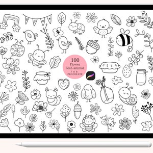100 procreate-stempels bloem blad dier vogel, bloem natuur borstelset abstracte doodle, handgetekende, bladeren, voor procreate