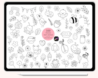 100 Procreate Stamps Flower leaf animal bird, flower nature Brushset Abstract Doodle,hand drawn, leaves, for Procreate