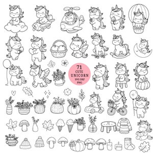 Paquete de 71 dibujos animados de unicornios svg, para archivo de corte, flor, clipart SVG para archivo de corte, estilo animal dibujado a mano, svg, dxf, png, eps, cricut Silhouette, Cameo