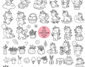 May include: A set of 71 black and white line drawings of cute unicorns in various poses. The unicorns are holding objects like ice cream cones, flowers, and balloons. There are also drawings of flowers, pumpkins, mushrooms, and other objects.