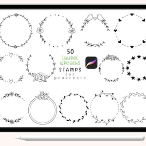 May include: A digital illustration of 50 black and white laurel wreath stamps for Procreate. The stamps are arranged in a grid on a white background. The text "50 Laurel Wreaths Stamps for Procreate" is written in green and black text.