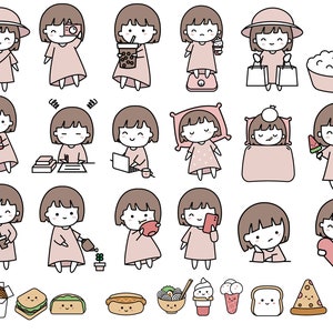 Menina fofa e clipart de comida kawaii, ilustração, para adesivos Planner.vector illustration