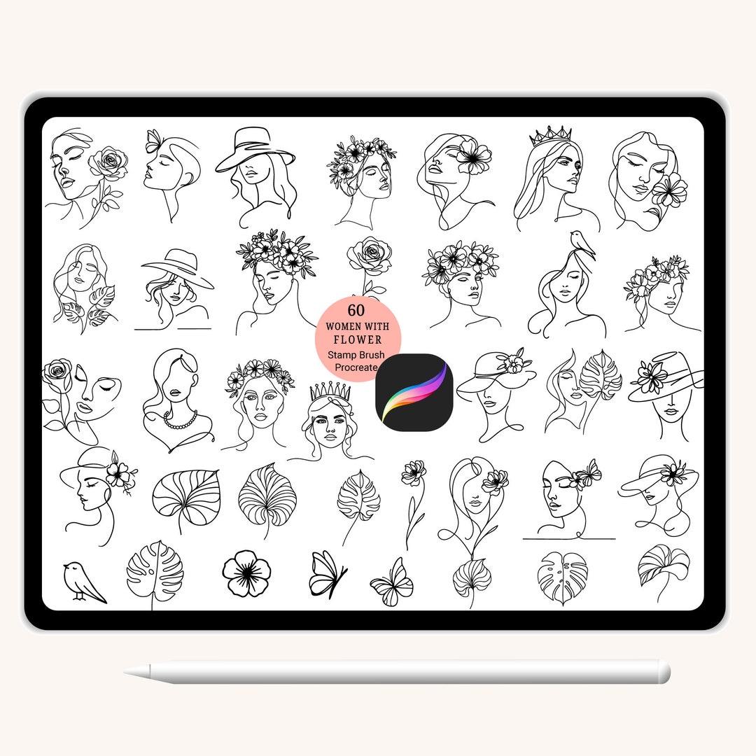 60 Women Line Art Procreate Stamps Brush Leaf Floral Nature Brushset ...