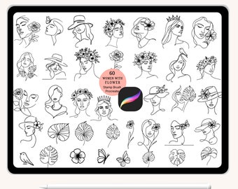 60 Women line art Procreate Stamps brush leaf floral nature Brushset Botanical stamp brush, wildflower leaf leaves stamp brush for procreate