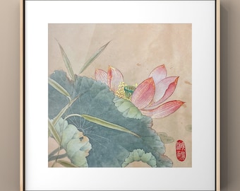 Hand-Painted Lotus Flower Art: Asian Gongbi Painting, Framed