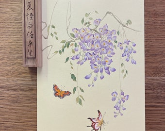 Original Chinese painting , Hand-painted, Art Deco, Wisteria blossoms & butterflies ,Asian inspired artwork, ready to hang,20X30cm