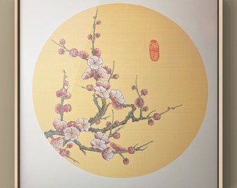 Pintura floral invernal enmarcada: arte mural oriental asiático