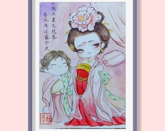 Disney Princess in Han Fu , Beauty in Palace , Watercolor Painting, Hand painted, Asian Oriental artwork, Beauties in Tang Dynasty