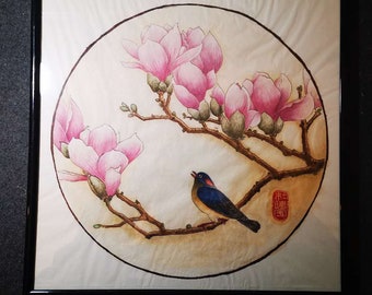 100% hand painted watercolor painting - Gongbi Magnolia and Magpies - 32cm X 32 cm