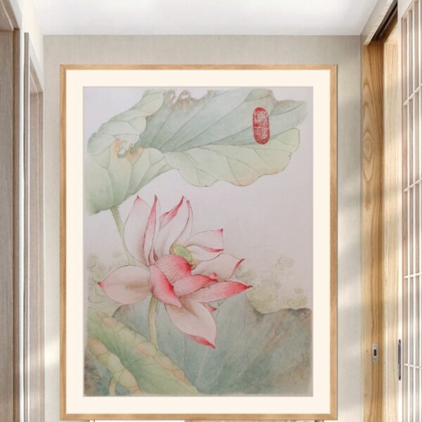 Original Lotus Flower Watercolor Art Painting,11X14 Inch Asian Oriental New-Age Artwork,  Landscape  Wall Art, Hand Paint, Ready to hang