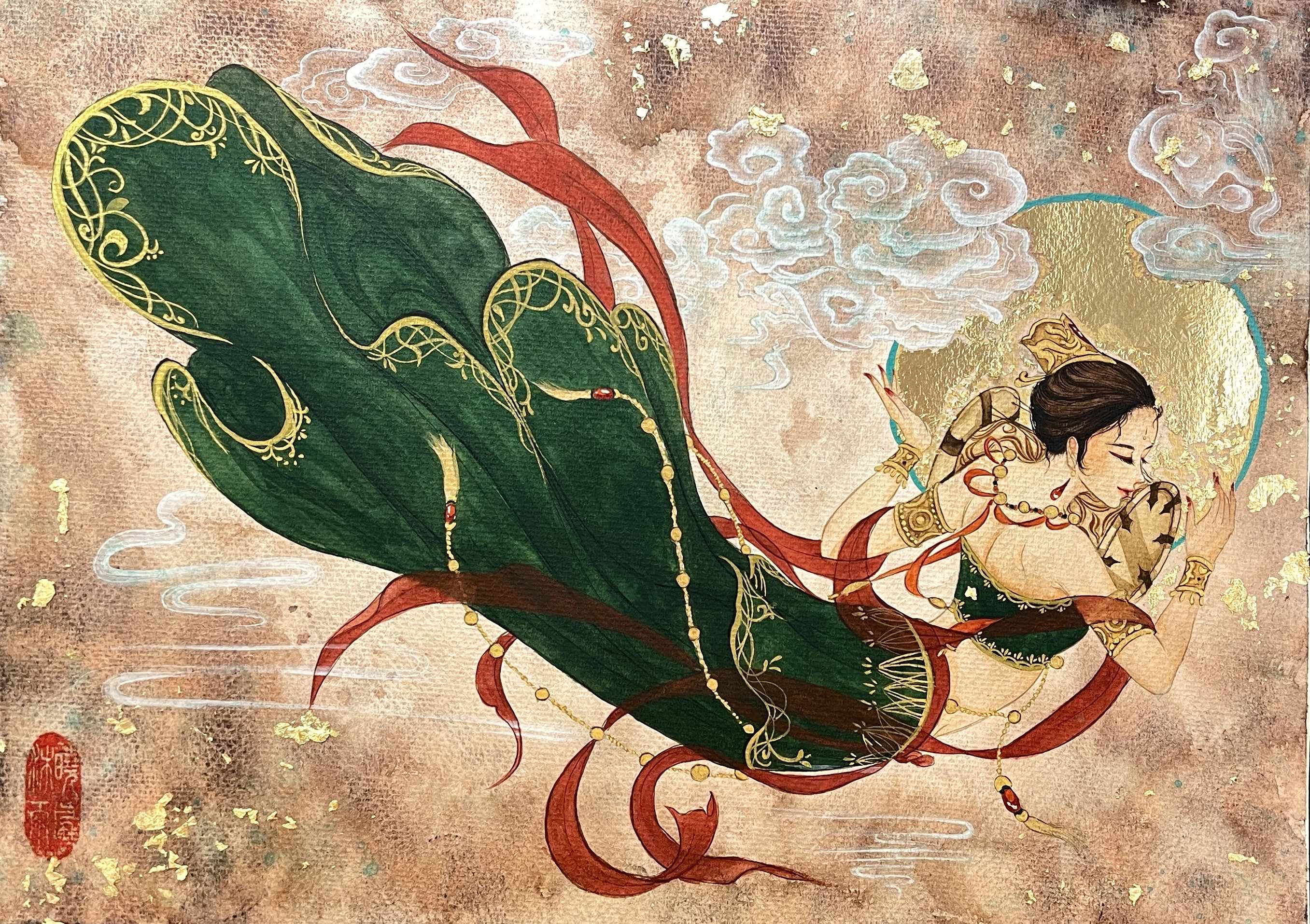 Dunhuang Flying Apsara Painting: Hand-painted Watercolor With Gold