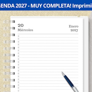 Puede incluir: Una página de agenda con encuadernación en espiral que muestra el miércoles 20 de enero de 2027, con líneas para notas y un bolígrafo azul y plateado sobre el papel. El banner superior muestra el texto AGENDA 2027 - MUY COMPLETA! Imprimible.