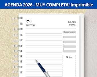 Könnte beinhalten: Eine weiße Planerseite mit einer blauen Kopfzeile, auf der "AGENDA 2026 - MUY COMPLETA! Imprimible" steht. Die Seite ist mit "22 Enero 2026" datiert und zeigt "Jueves" für den Wochentag an. Die Seite hat einen Abschnitt für "Importante" mit einer Checkliste und einen Abschnitt für "Notas".