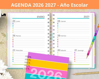 Agenda 2026 2027 - Año Escolar - Imprimible - Agosto a Julio - Vista Semanal - archivos PDF para imprimir - notas bullet journal - digital