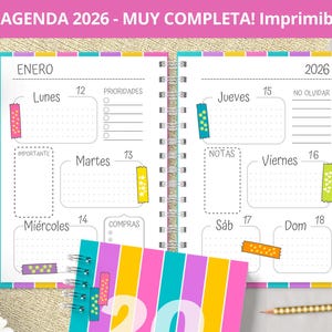 Agenda 2026 Semanal para imprimir - Planeadores Mensuales - Gastos - Notas punteadas Bullet Journal- archivos PDF imprimibles - MUY COMPLETA