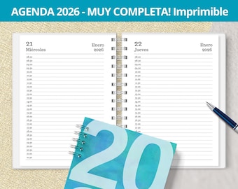 May include: Open notebook with lined pages, dated for January 2026. A smaller spiral-bound notebook with a blue and teal cover is in the foreground, displaying the number 20. A pen rests on the right side of the notebook. The text at the top says "AGENDA 2026 - MUY COMPLETA! Imprimible".
