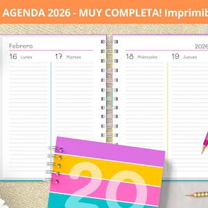 Agenda 2026 - Dos días por página - para imprimir - Planeadores Mensuales - Gastos - Notas Bullet Journal - archivos pdf - MUY COMPLETA