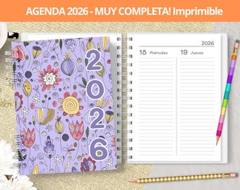 Agenda 2026 - Dos días por página - para imprimir - Planeadores Mensuales - Gastos - Notas Bullet Journal - archivos pdf - MUY COMPLETA