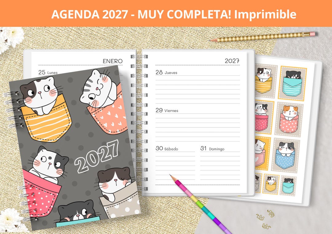 Agenda 2027 con Pegatinas STICKERS Gatitos - Semanal para imprimir ...