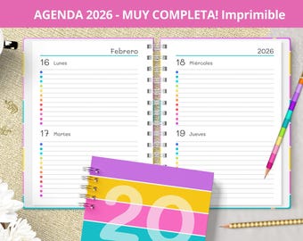 Agenda 2026 - Dos días por página - para imprimir - Planeadores Mensuales - Gastos - Notas Bullet Journal - archivos pdf - MUY COMPLETA