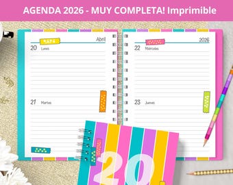 Agenda 2026 - Dos días por página - para imprimir - Planeadores Mensuales - Gastos - Notas Bullet Journal - archivos pdf - MUY COMPLETA