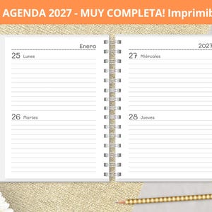Könnte beinhalten: Ein spiralgebundener 2027-Planer, aufgeschlagen auf den Seiten vom 25. bis 28. Januar mit linierten Feldern. Der Text lautet AGENDA 2027 - MUY COMPLETA! Imprimible, Enero, 2027, Lunes 25, Martes 26, Miércoles 27 und Jueves 28. Mit Regenbogenstift.