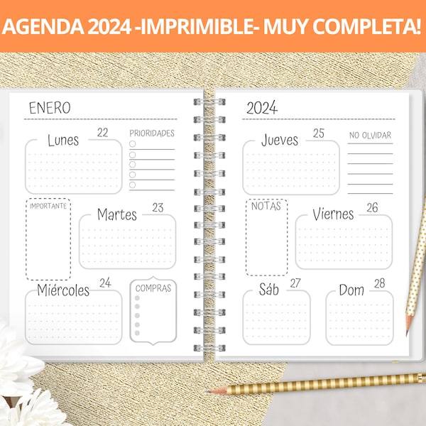 Agenda 2024 Semanal para imprimir - Planeadores Mensuales - Gastos - Notas punteadas Bullet Journal - archivos PDF imprimibles- MUY COMPLETA