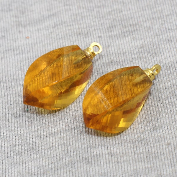 2 Pcs Natural Citrine Quartz Gemstone Earring Connector / 25x10mm Faceted Fancy Charm Pendant / Earring Findings / DIY Jewelry Making Supply