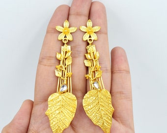 Matte Gold Flower & Leaf Branch Kundan Earrings - Designer Single Loop Flower Connector Post Stud - Handcrafted leaves Earring Connectors