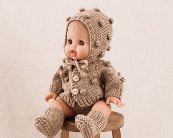 Minikane Doll Clothes / Bonnet Minikane / Doll Knitted Top /  Minikane popcorn Cardigan / Miniland doll clothes
