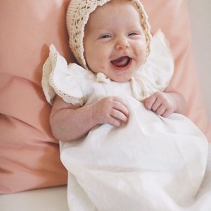 Knit Baby Girl Bonnet / White Bonnet / Vintage Style Bonnet / Baby Shower Gift / Christening Bonnet / Organic Cotton Knit Bonnet image 7