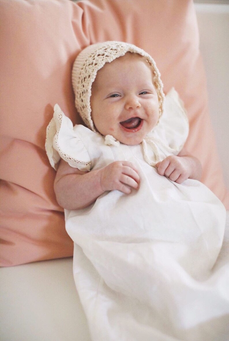 Knit Baby Girl Bonnet / White Bonnet / Vintage Style Bonnet / Baby Shower Gift / Christening Bonnet / Organic Cotton Knit Bonnet image 7