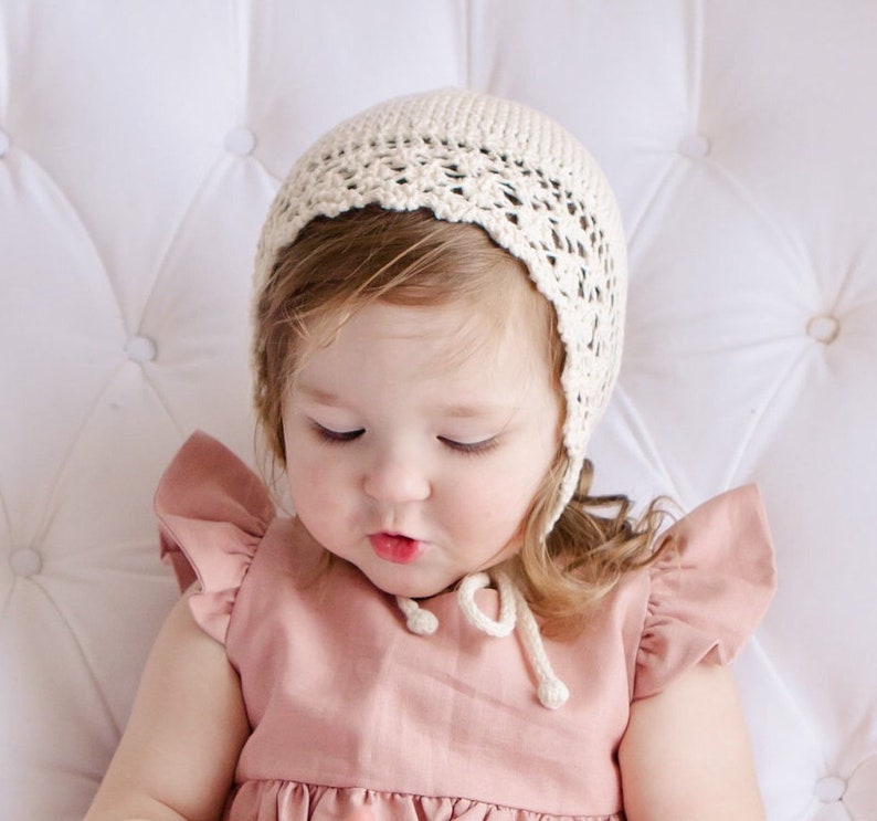 Knit Baby Girl Bonnet / White Bonnet / Vintage Style Bonnet / Baby Shower Gift / Christening Bonnet / Organic Cotton Knit Bonnet image 4