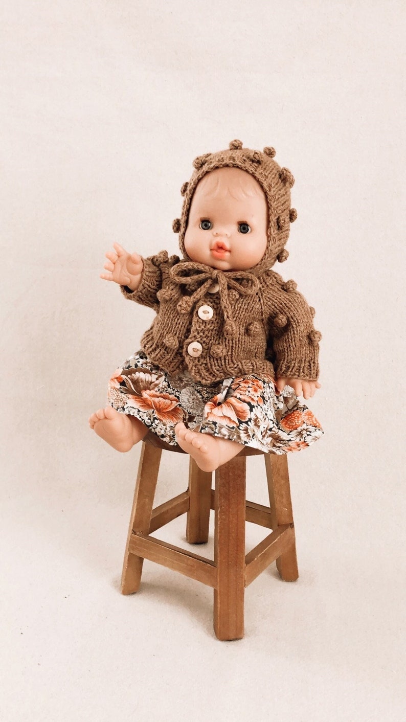 Minikane doll clothes / Minikane doll dress / Minikane accessories / 13 inch Doll Clothes / Popcorn cardigan / Minicane Doll bonnet image 1