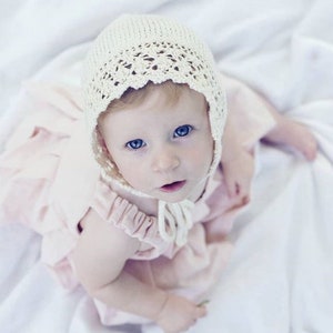 Knit Baby Girl Bonnet / White Bonnet / Vintage Style Bonnet / Baby Shower Gift / Christening Bonnet / Organic Cotton Knit Bonnet image 5