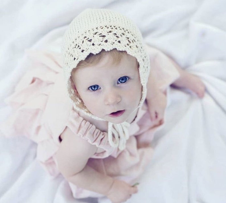 Knit Baby Girl Bonnet / White Bonnet / Vintage Style Bonnet / Baby Shower Gift / Christening Bonnet / Organic Cotton Knit Bonnet image 5