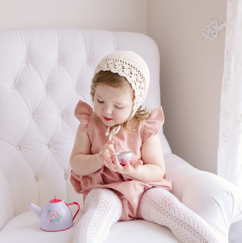 Knit Baby Girl Bonnet / White Bonnet / Vintage Style Bonnet / Baby Shower Gift / Christening Bonnet / Organic Cotton Knit Bonnet image 3