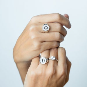Può includere: Due anelli d'argento con pietre trasparenti. L'anello a sinistra ha una grande pietra ovale con una lettera nera "D" al centro. L'anello a destra ha una pietra più piccola a forma di cuore.